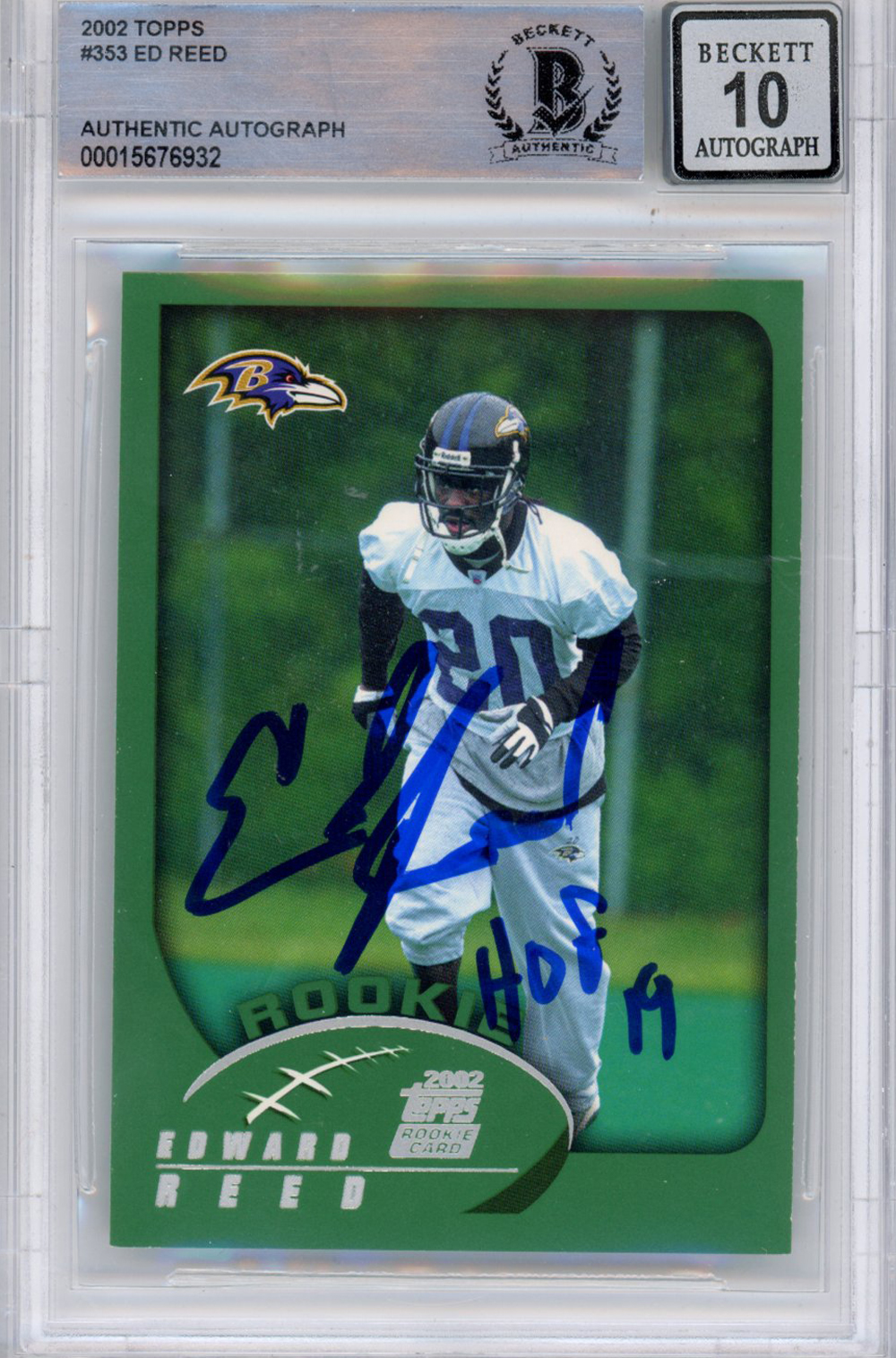 Ed Reed Autographed 2002 Topps #353 w/HOF (Grade 10) Slabbed BAS 