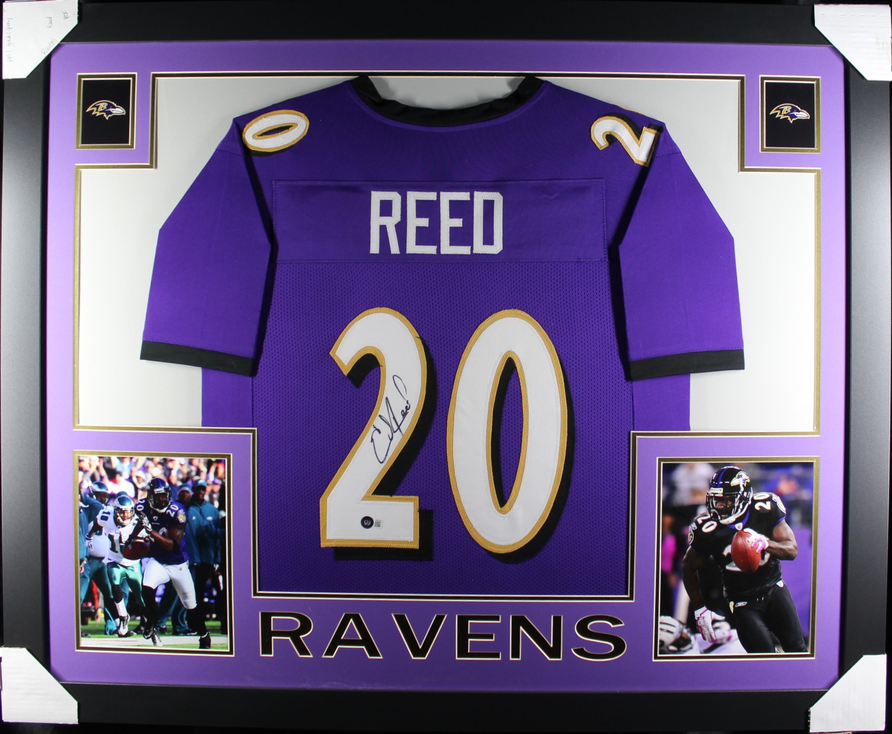 Ed Reed Autographed Pro Style Framed Purple XL Jersey Beckett
