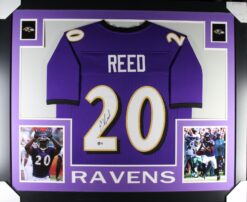 Ed Reed Autographed/Signed Pro Style Purple XL Framed Jersey Beckett 51235