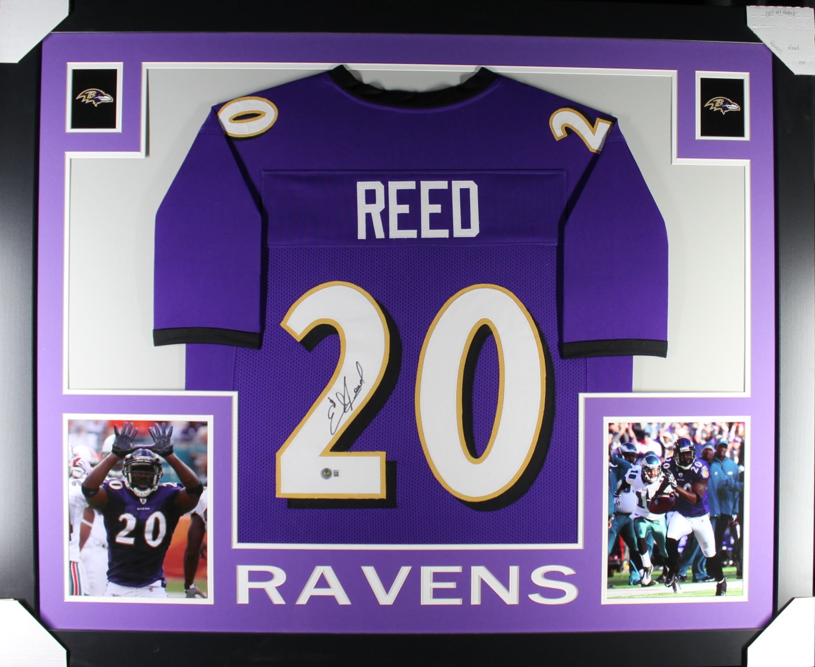 Ed Reed Autographed/Signed Pro Style Purple XL Framed Jersey Beckett 51235