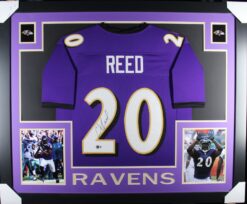 Ed Reed Autographed/Signed Pro Style Purple XL Framed Jersey 35x43 Beckett 53761