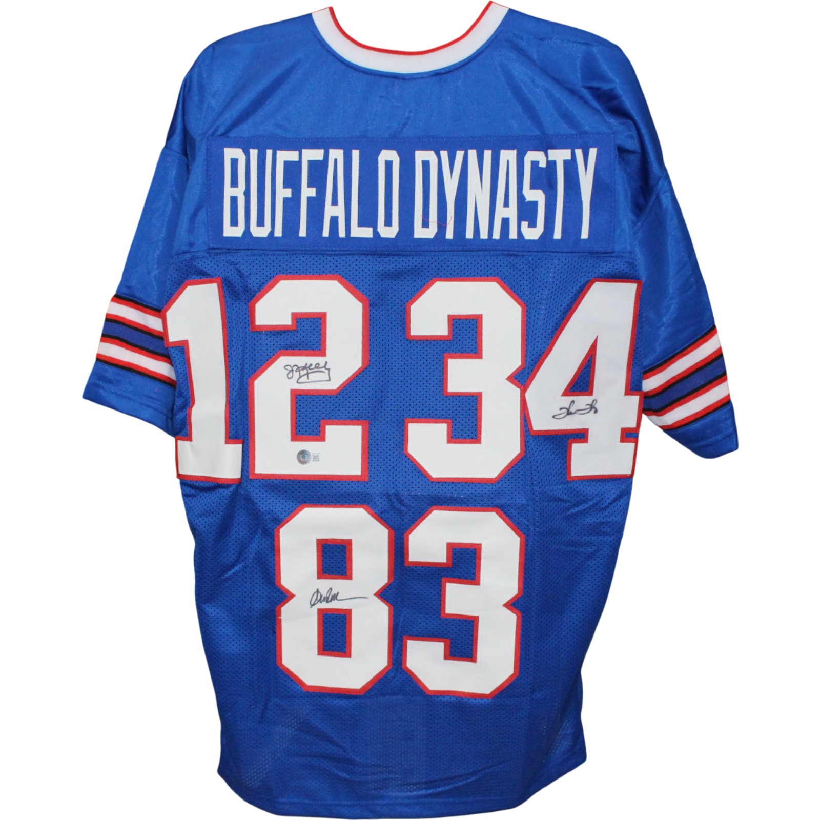 Jim Kelly Thurman Thomas Andre Reed Signed Pro Style XL Blue Jersey BAS W 53721