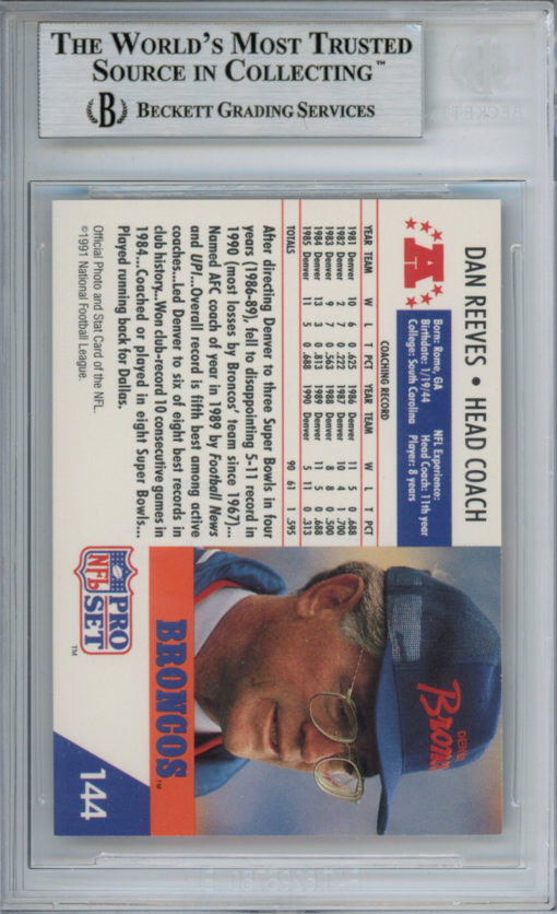 Dan Reeves Autographed 1991 Pro Set #144 Trading Card Beckett Slab