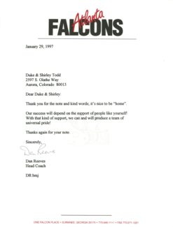 Dan Reeves Autographed/Signed Atlanta Falcons Personalized Team Letter 57867