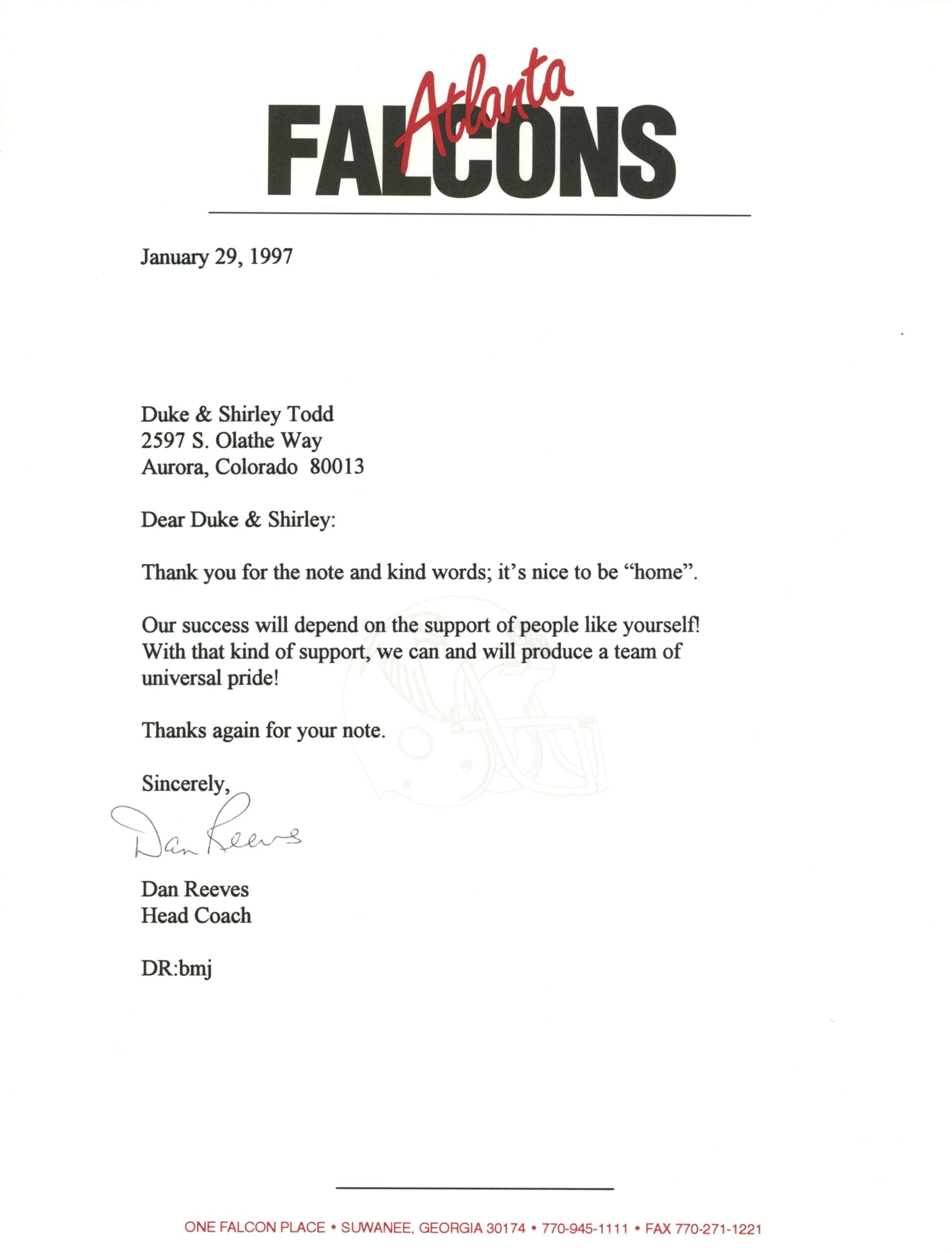 Dan Reeves Autographed/Signed Atlanta Falcons Personalized Team Letter 57867 1 Dan Reeves Autographed/Signed Atlanta Falcons Personalized Team Letter 57867