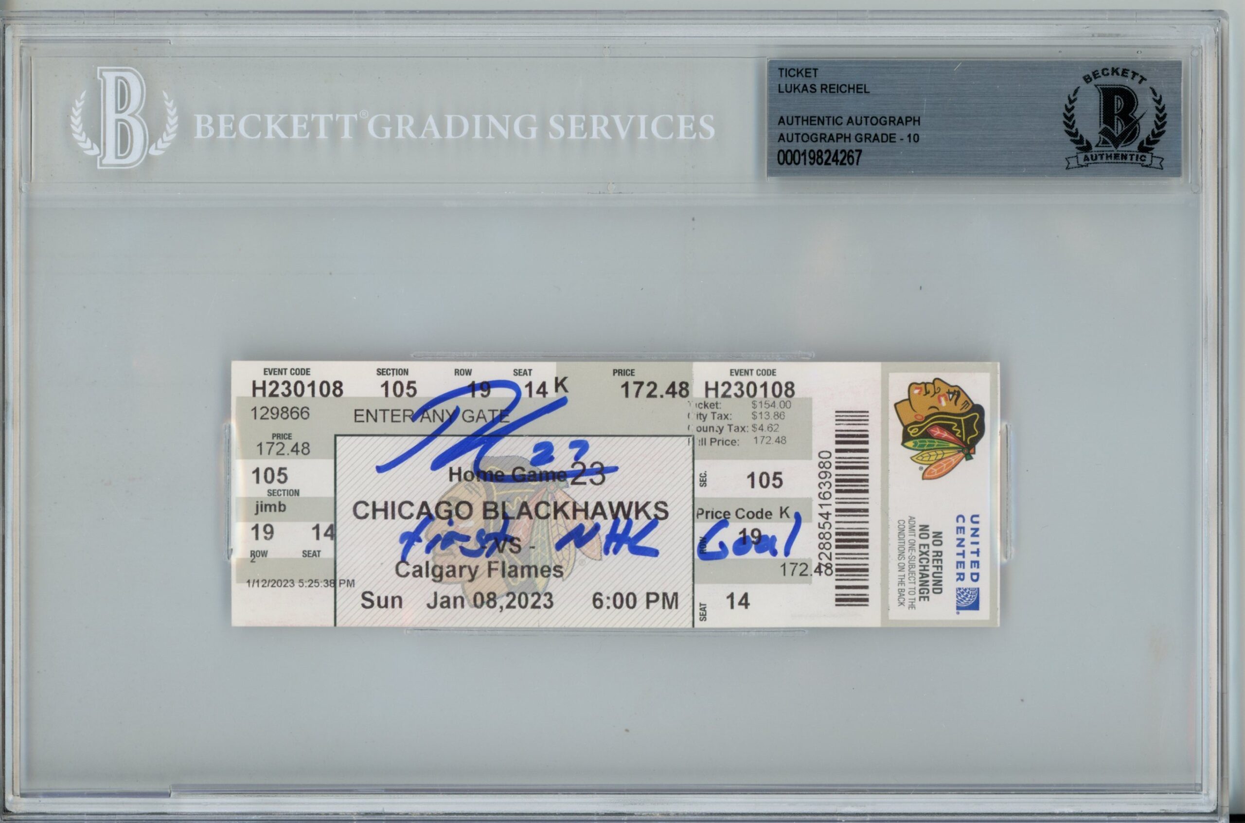 Lukas Reichel Signed Chicago Blackhawks 1/8/23 1st NHL Goal Ticket Beckett 57193