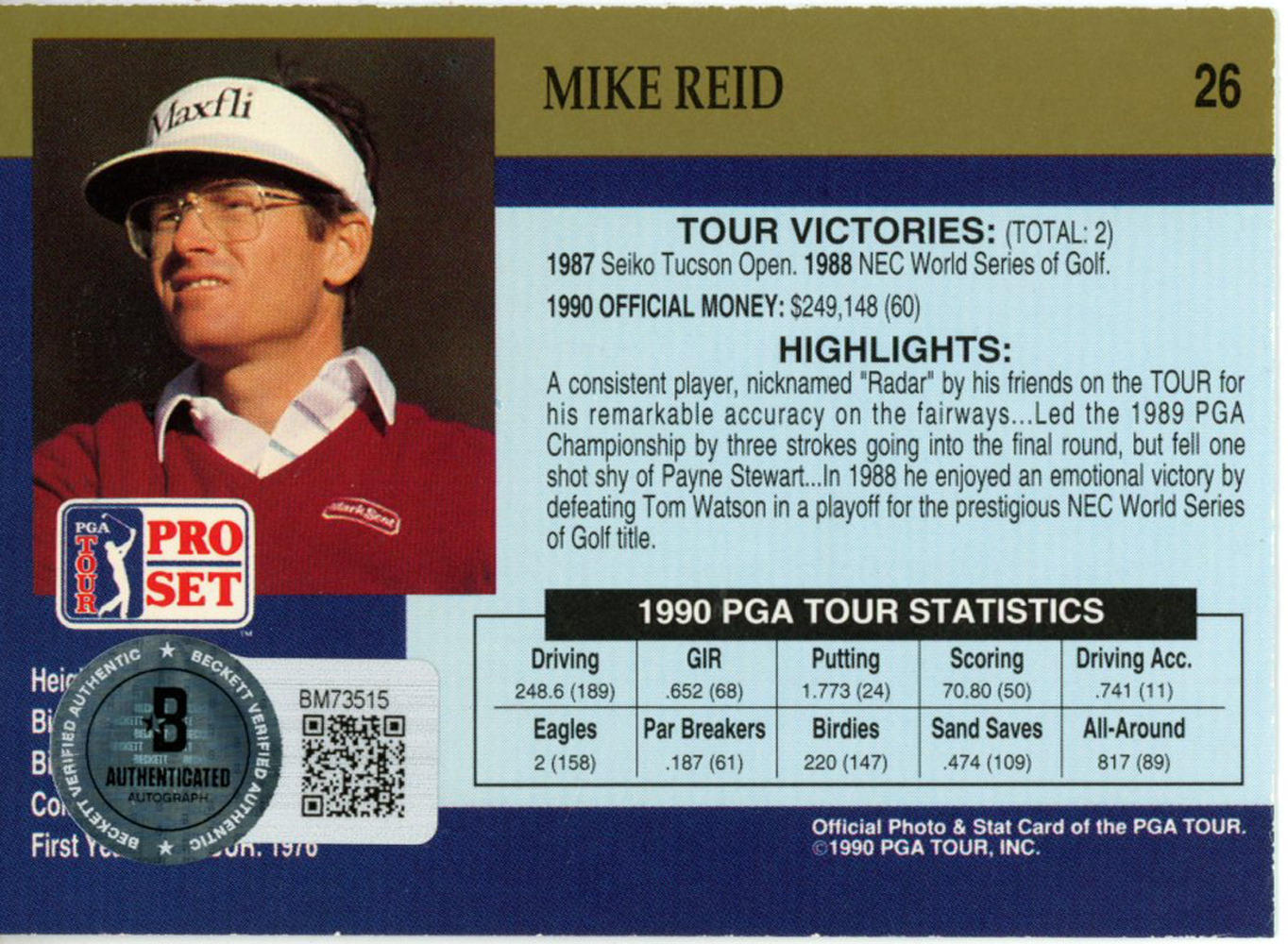 Mike Reid Autographed 1990 Pro Set #26 Trading Card Beckett 44891