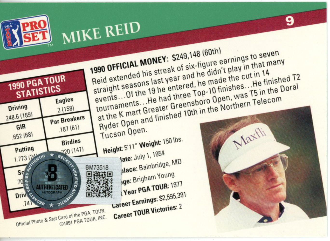 Mike Reid Autographed 1991 Pro Set #9 Trading Card Beckett 44890