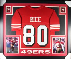 Jerry Rice Autographed/Signed Pro Style Red XL Framed Jersey Beckett 51236