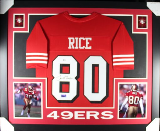 Jerry Rice Autographed/Signed Pro Style Red XL Framed Jersey Beckett 51236