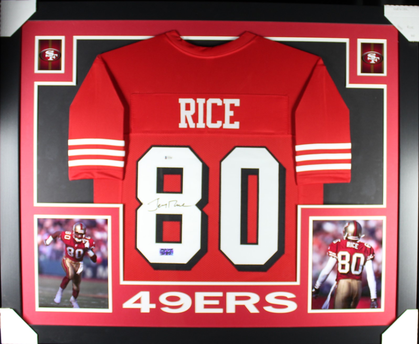 Jerry Rice Autographed/Signed Pro Style Red XL Framed Jersey Beckett 51236