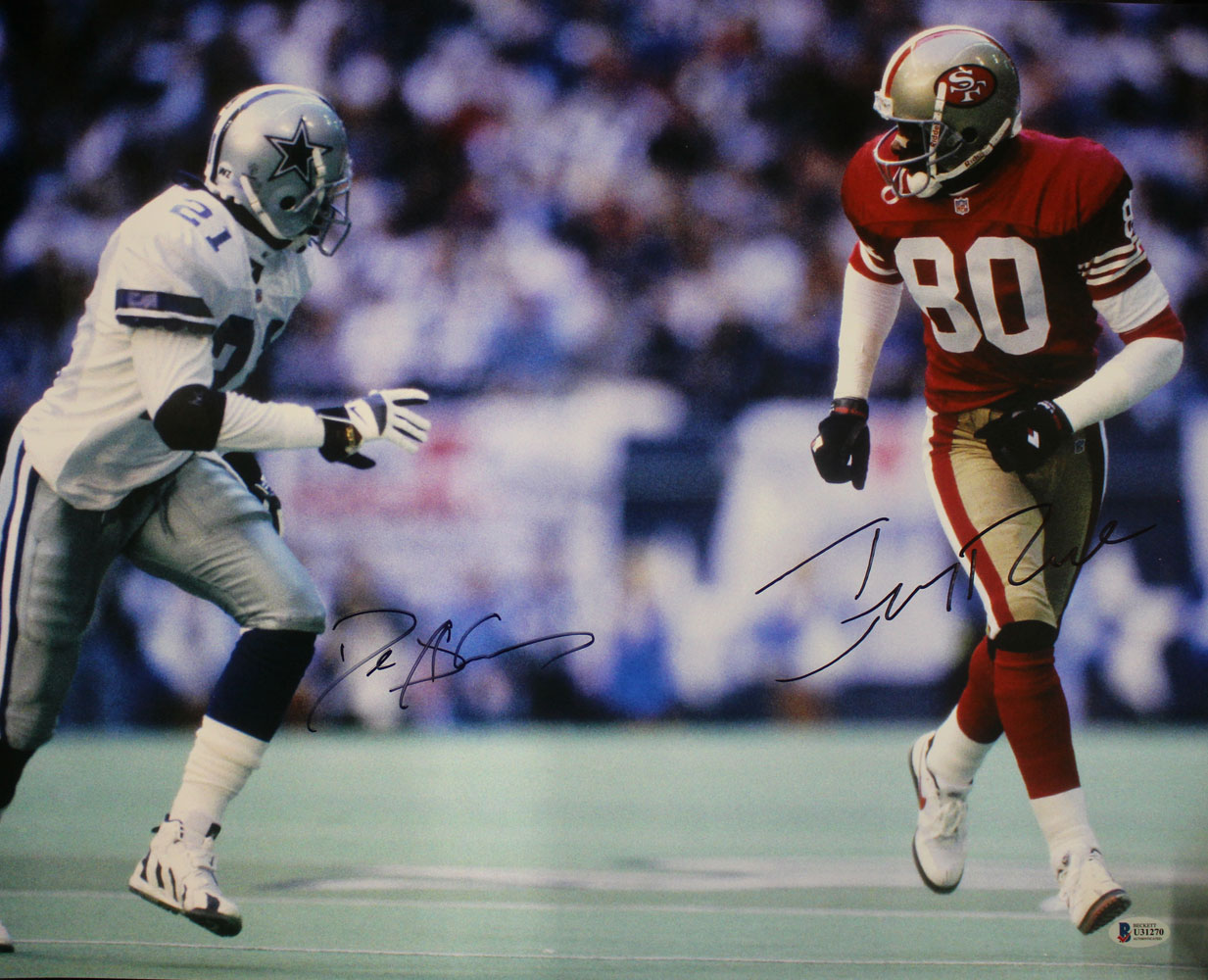 Jerry Rice & Deion Sanders Autographed 49ers/Cowboys 16x20 Photo BAS 29226