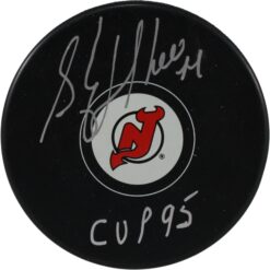 Stephane Richer Autographed/Signed New Jersey Devils Logo Puck 95 Cup JSA 53982