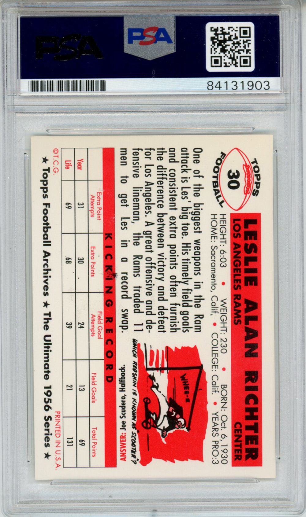 Les Richter Autographed 1956 Topps #30 Trading Card PSA Slab