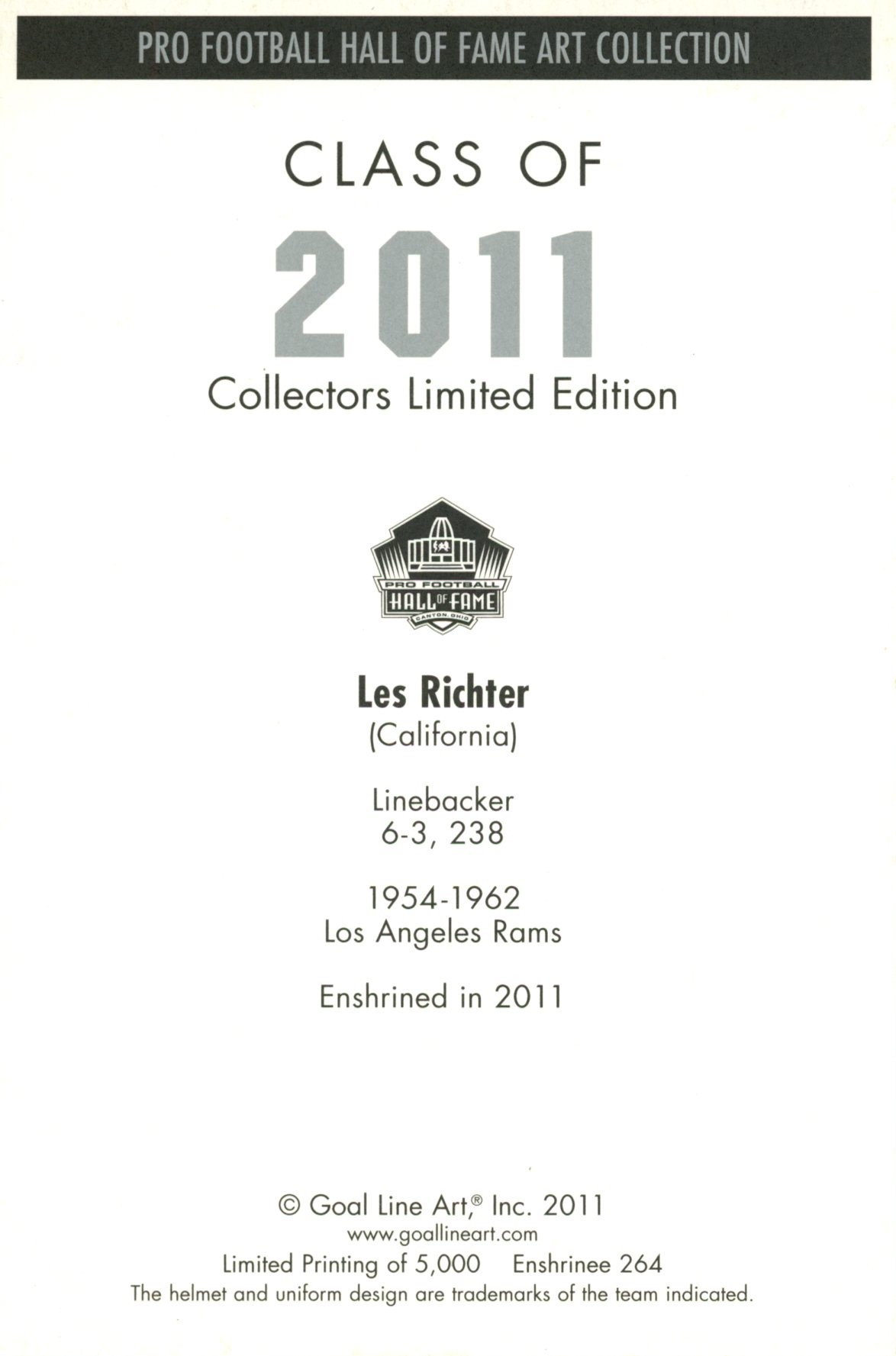 Les Richter Los Angeles Rams Goal Line Art Card Class of 2011 58143 2 Les Richter Los Angeles Rams Goal Line Art Card Class of 2011 58143