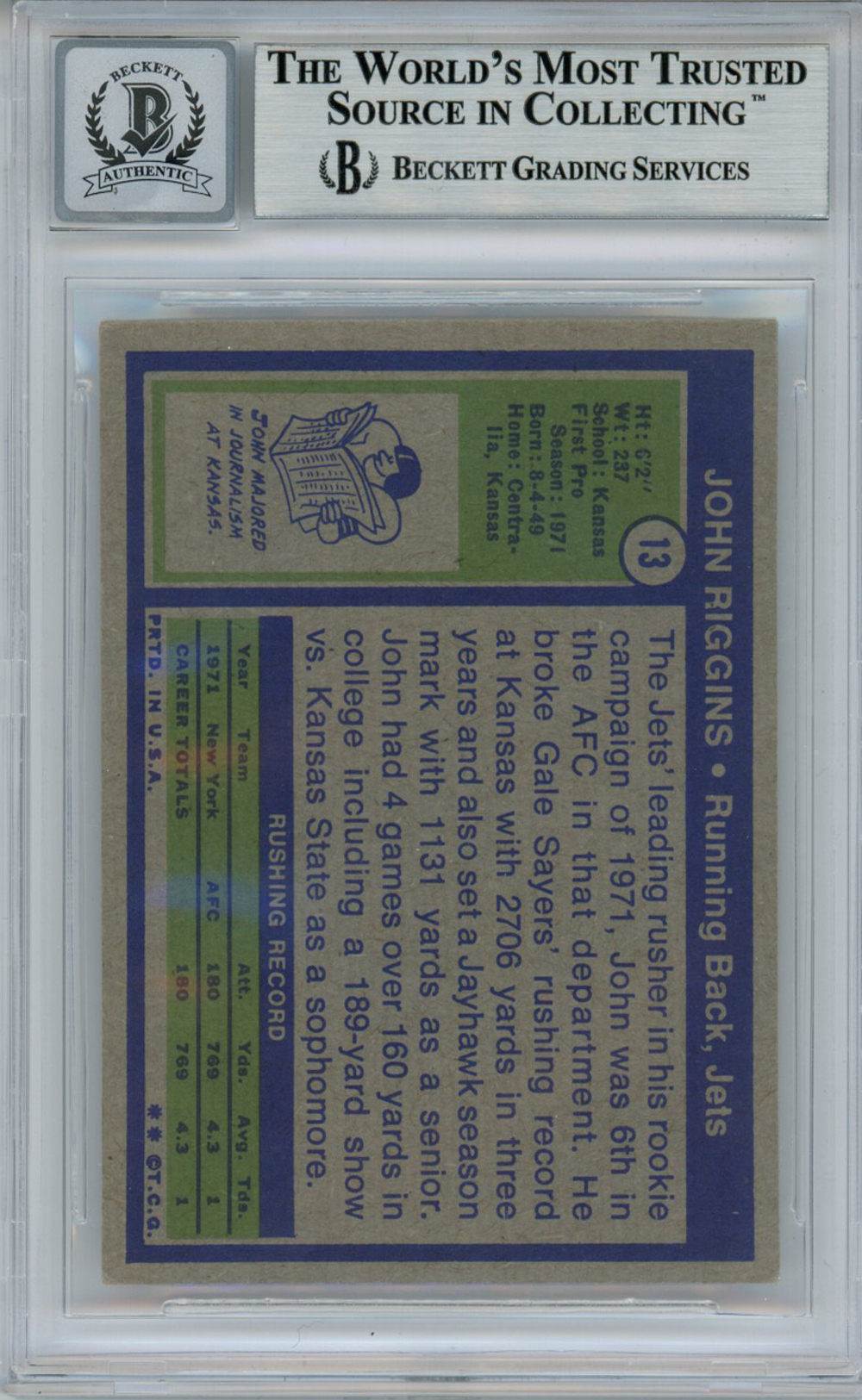 John Riggins Autographed 1972 Topps #13 Rookie Card HOF Beckett Slab