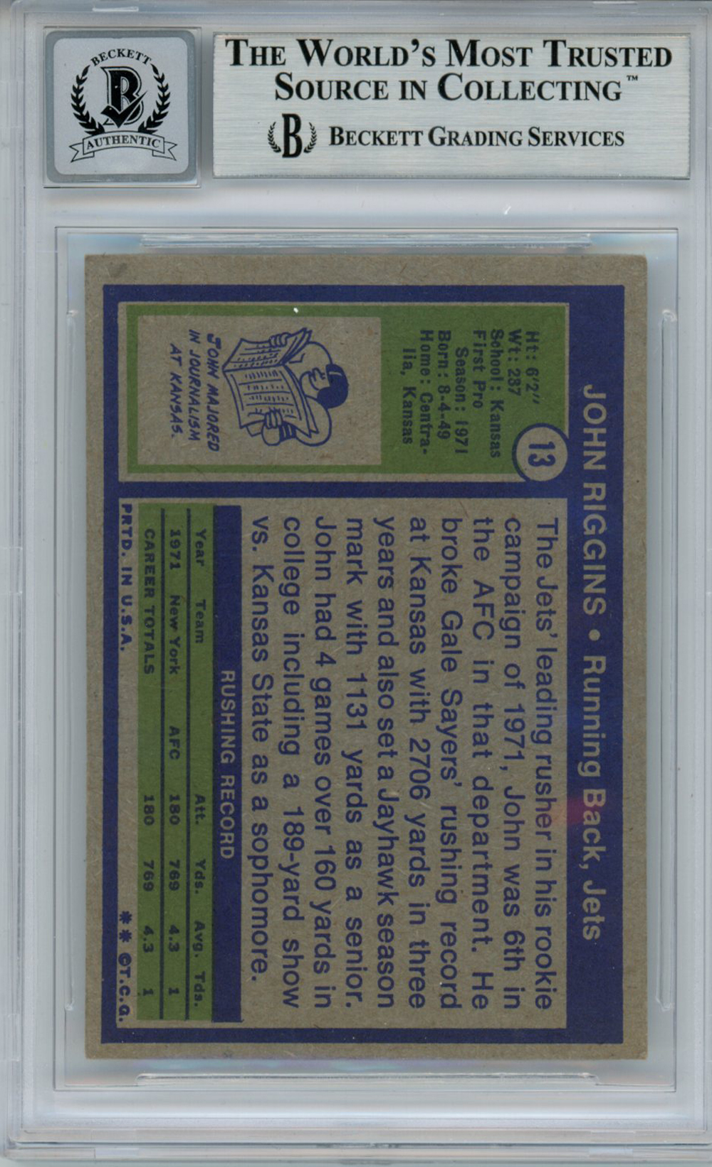 John Riggins Autographed 1972 Topps #13 Rookie Card HOF Beckett Slab