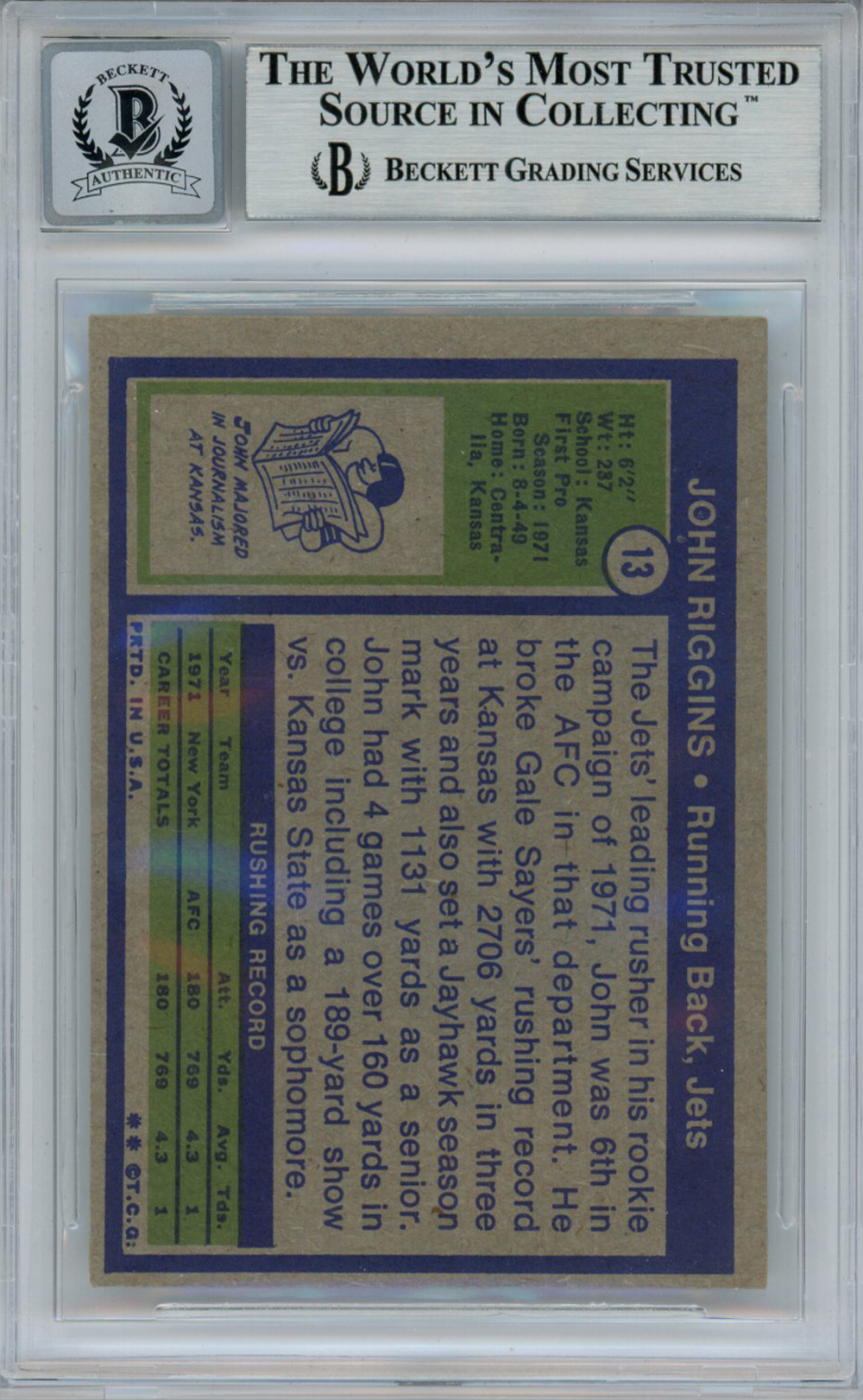 John Riggins Autographed 1972 Topps #13 Rookie Card HOF Beckett Slab