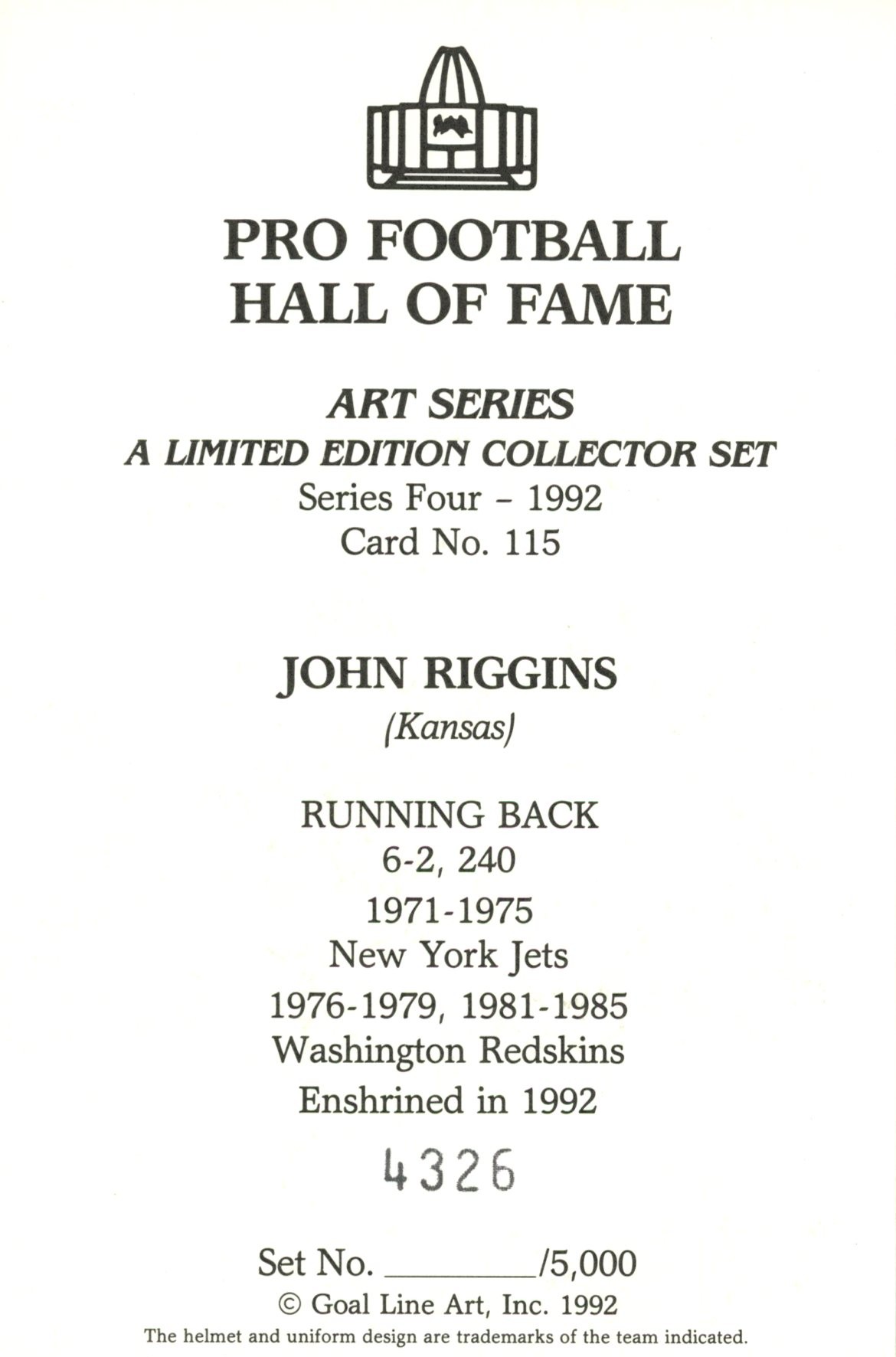 John Riggins Washington Redskins Goal Line Art Card Series 4 No John Riggins Washington Redskins Goal Line Art Card Series 4 No. 115 LE /5000 58144