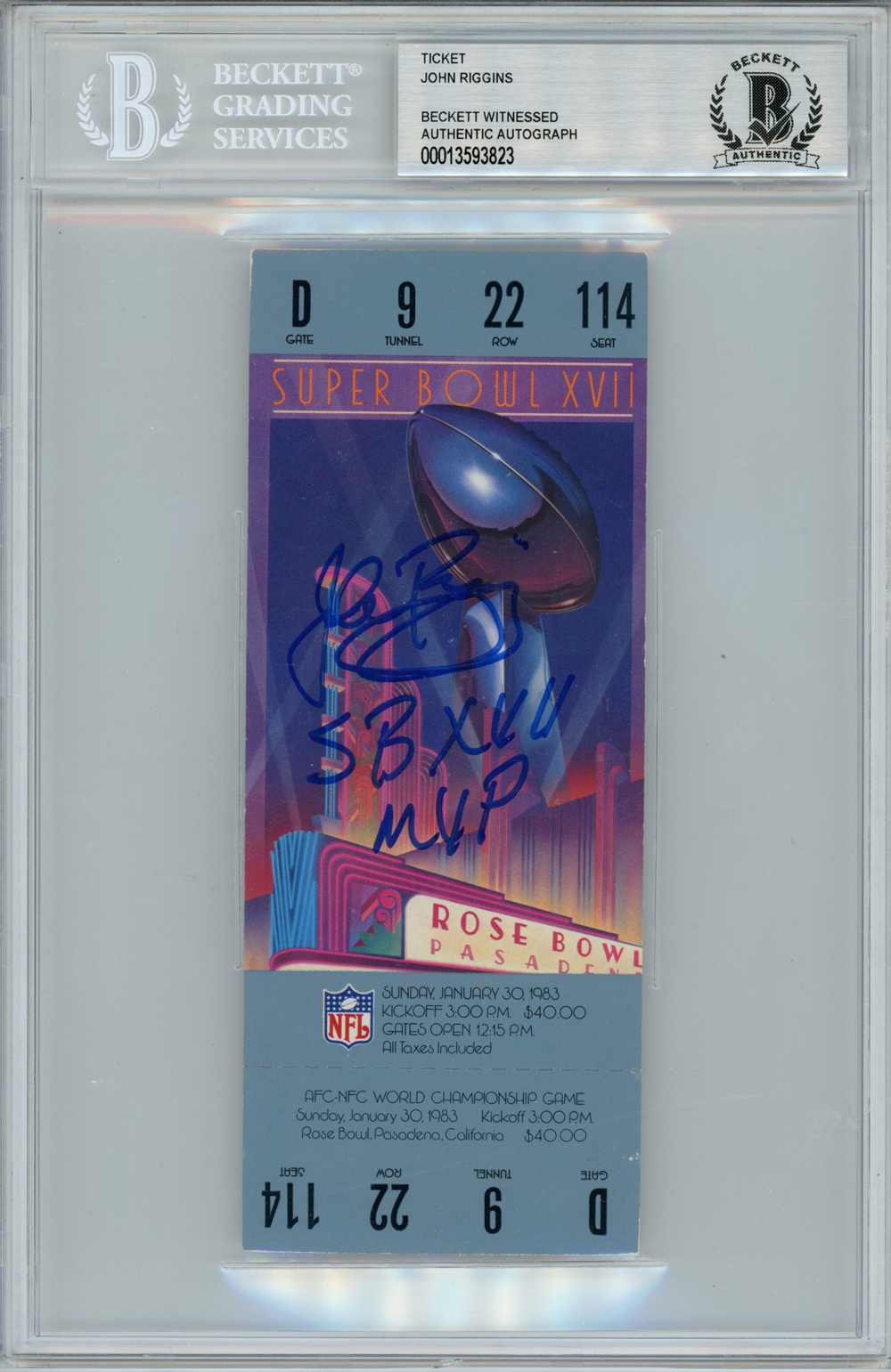 John Riggins Autographed Super Bowl XVII Ticket Stub MVP Beckett Slab