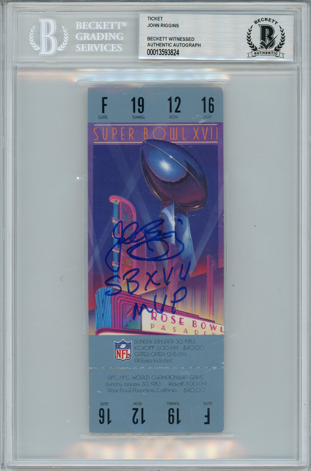 John Riggins Autographed Super Bowl XVII Ticket Stub MVP Beckett Slab