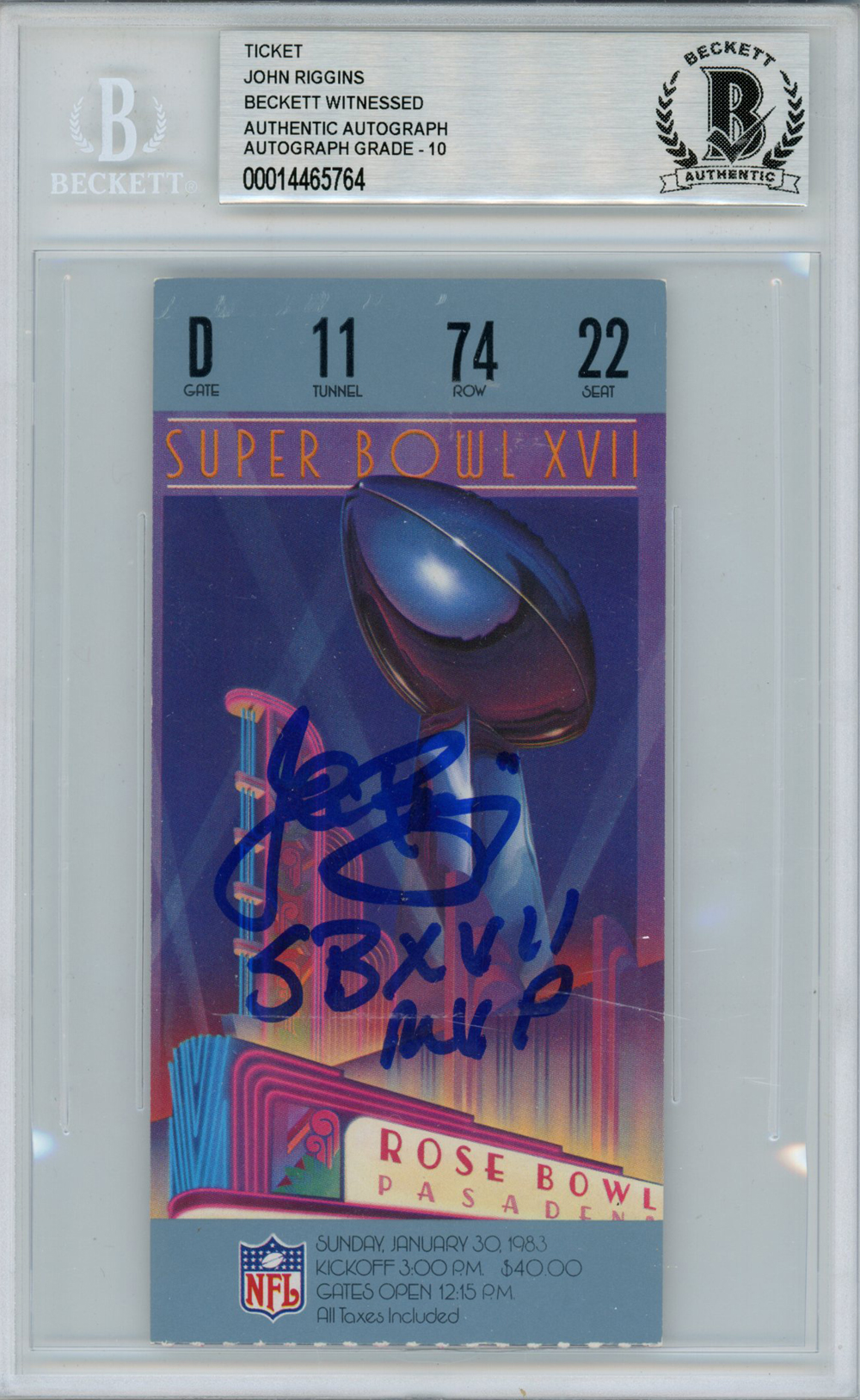 John Riggins Autographed Super Bowl XVII Ticket SB MVP Beckett Slab