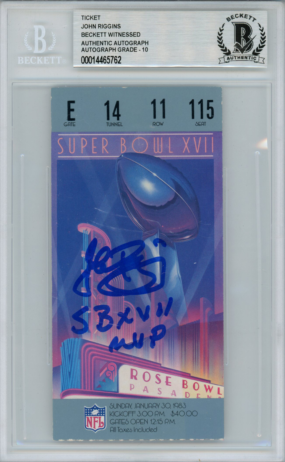 John Riggins Autographed Super Bowl XVII Ticket SB MVP Beckett Slab