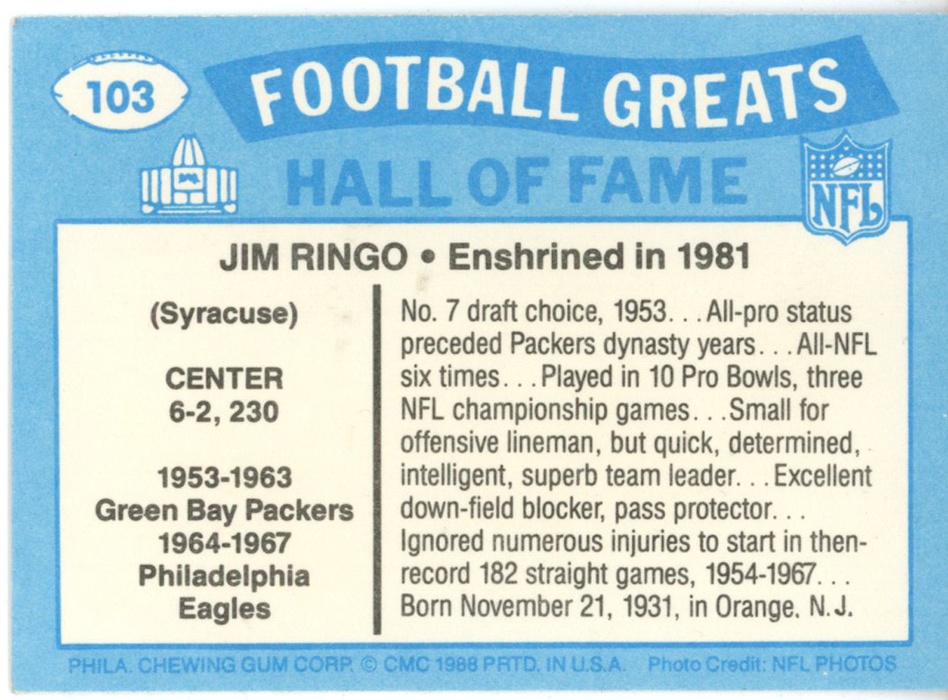 Jim Ringo Autographed/Signed Green Bay Packers 1988 Swell HOF Card