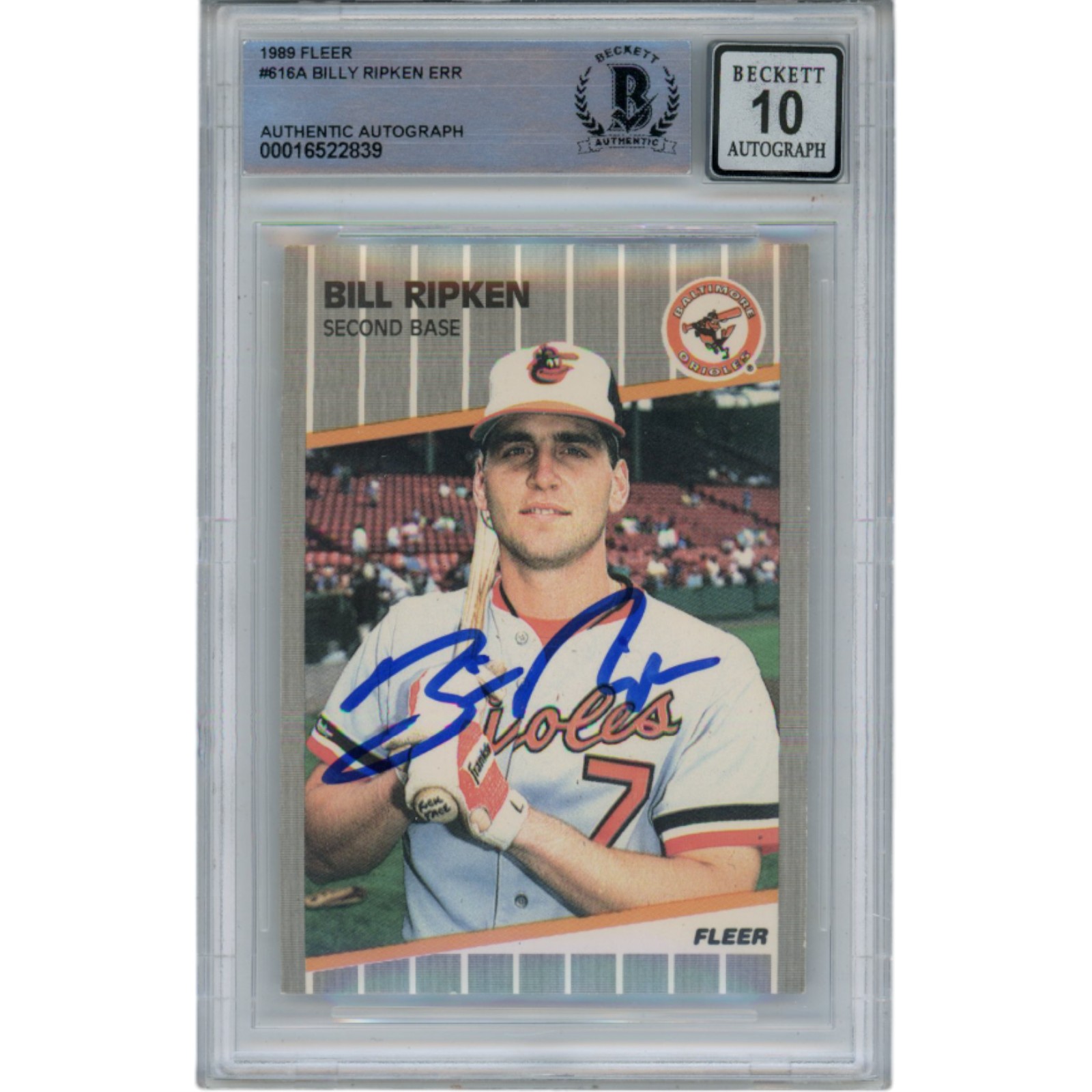 Billy Ripken Autographed 1989 Fleer 616 Trading Card 10 Grade Beckett 49395