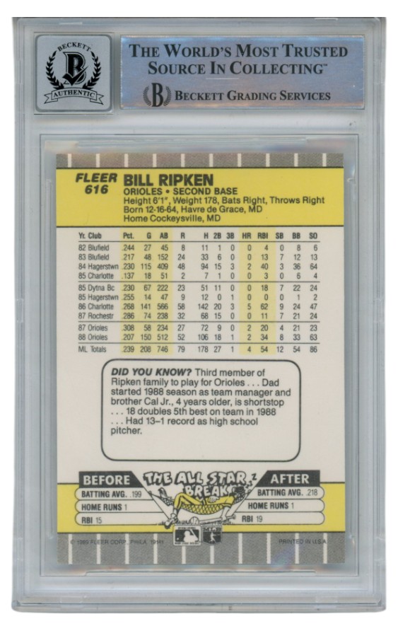 Billy Ripken Autographed 1989 Fleer #616 Error Card 10 Grade Beckett 52556 2 Billy Ripken Autographed 1989 Fleer #616 Error Card 10 Grade Beckett 52556