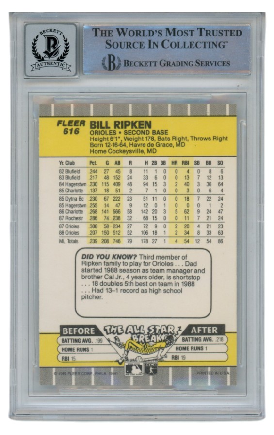 Bill Ripken Autographed 1989 Fleer 616 Black Box Trading Card Slab Beckett 52683 2 Bill Ripken Autographed 1989 Fleer 616 Black Box Trading Card Slab Beckett 52683