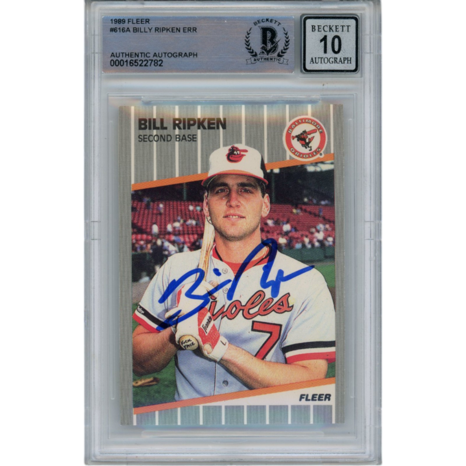 Billy Ripken Autographed 1989 Fleer 616 Trading Card 10 Grade Beckett 49343