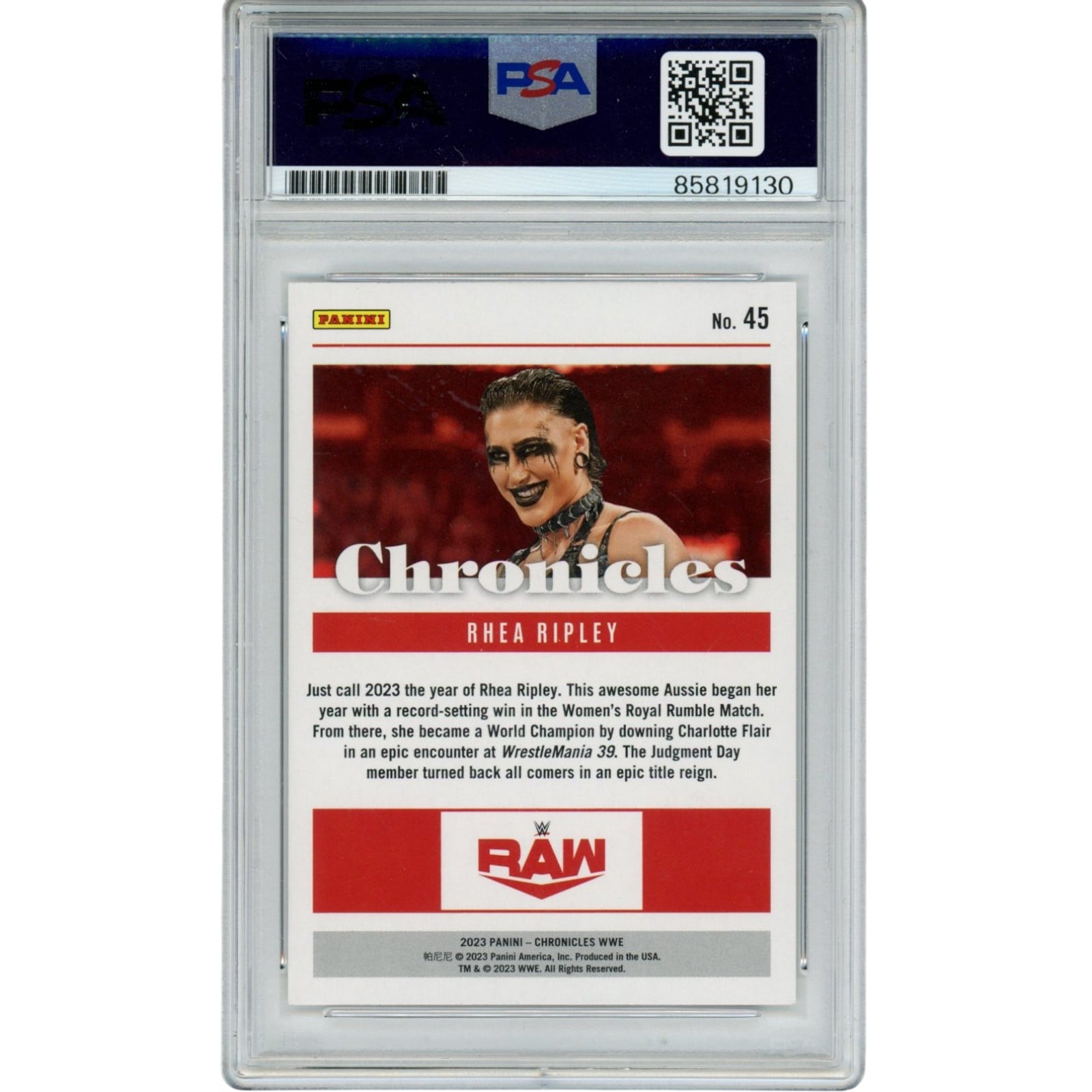 Rhea Ripley Signed WWE Trading Card Panini Chronicles GEM MT 10 Auto PSA 58514