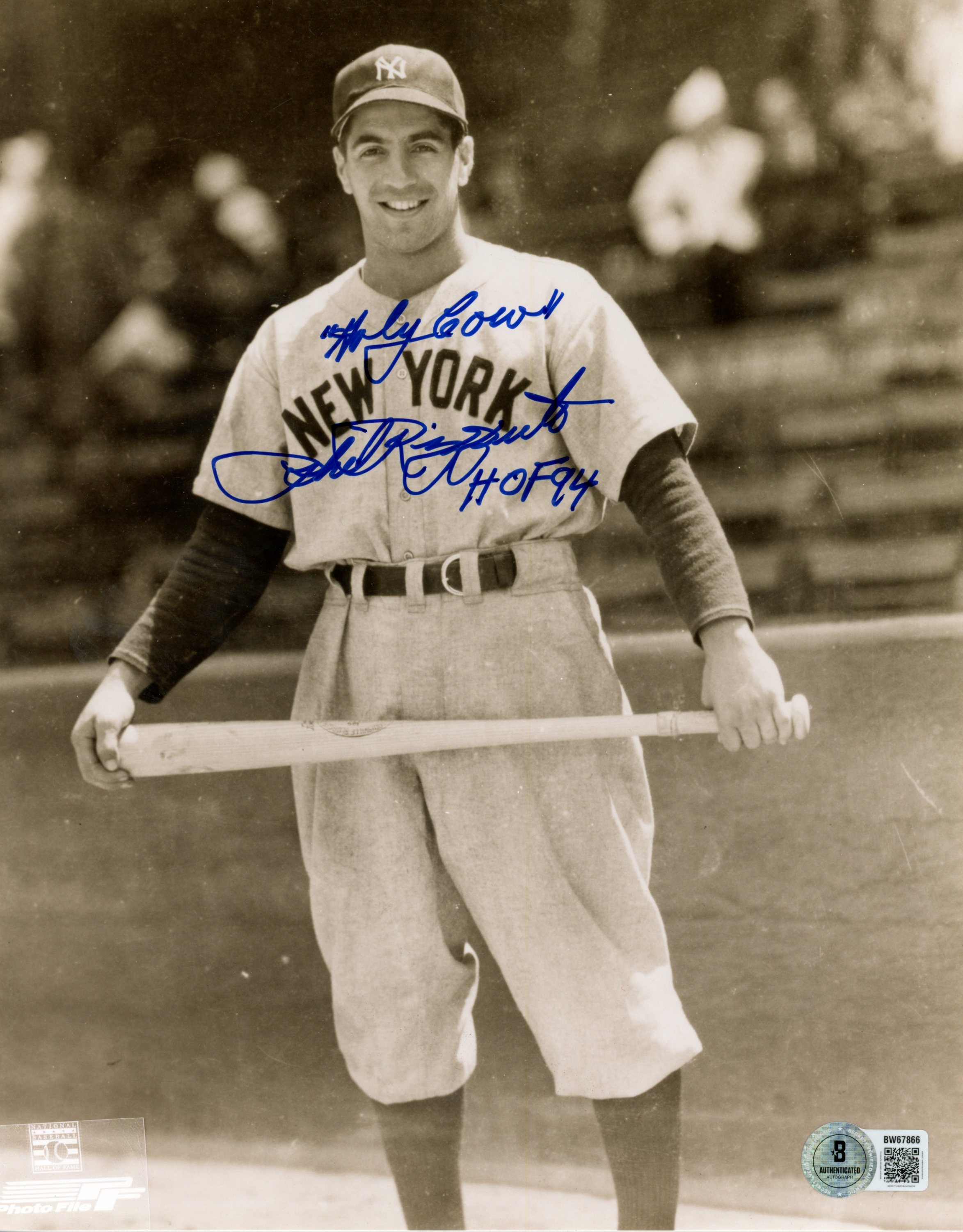 Phil Rizzuto Autographed New York Yankees 8x10 Photo Holy Cow HOF Beckett 56487