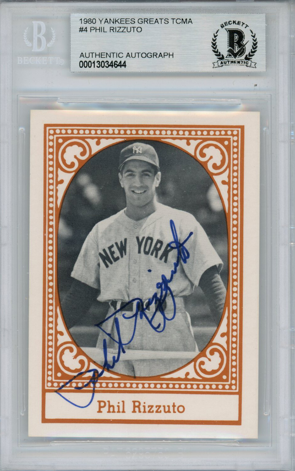 Phil Rizzuto Signed 1980 Yankees Greats TCMA #4 Trading Card Beckett Slab