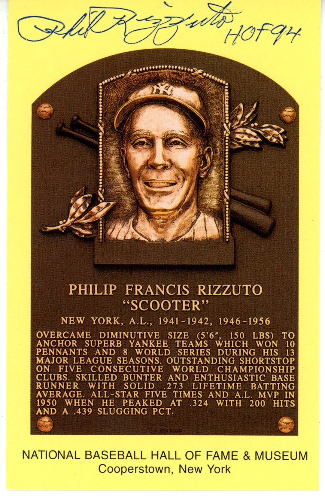 Phil Rizzuto Autographed/Signed New York Yankees HOF Postcard HOF Beckett 56520