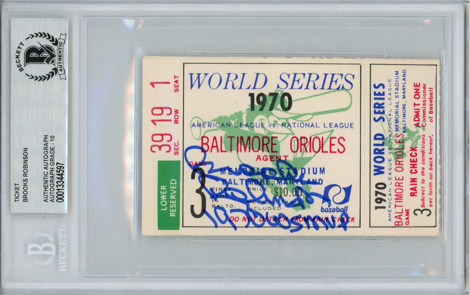 Brooks Robinson Autographed 1970 World Series Ticket Game 3 MVP BAS Slab