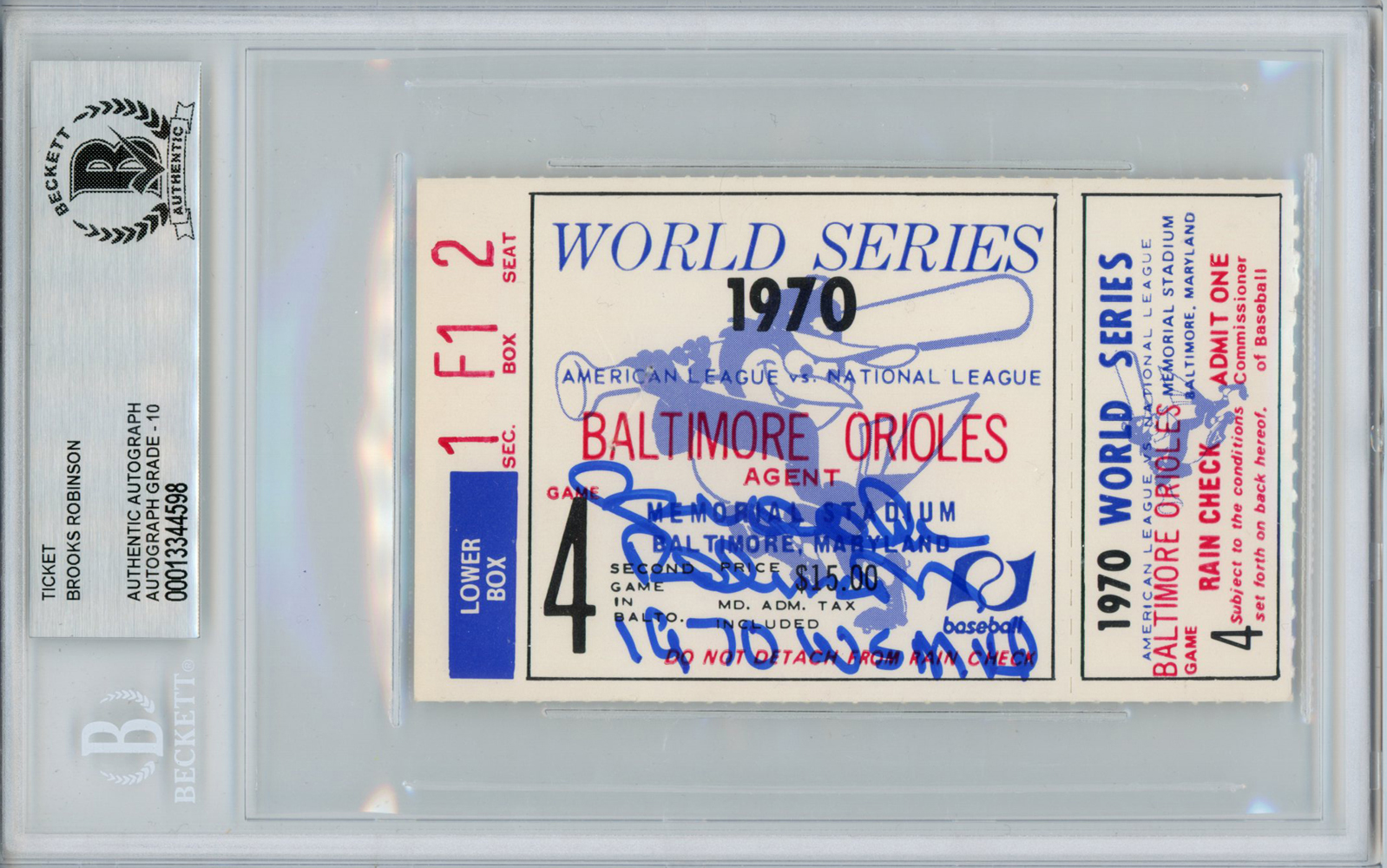 Brooks Robinson Autographed 1970 World Series Ticket Game 4 MVP BAS Slab