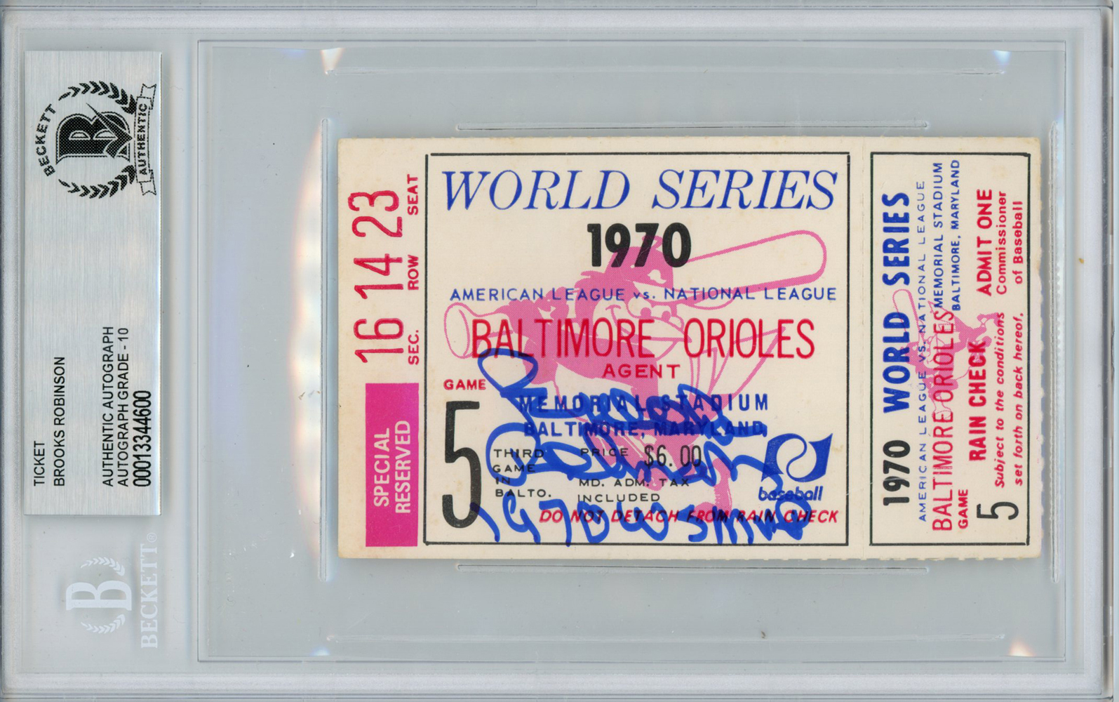 Brooks Robinson Autographed 1970 World Series Ticket Game 5 MVP BAS Slab