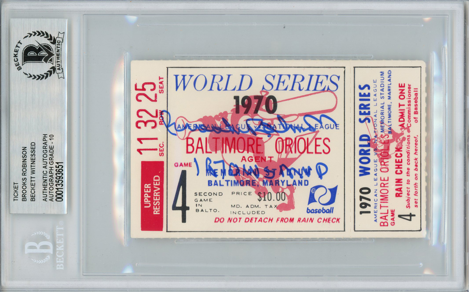 Brooks Robinson Signed 1970 World Series Game 4 Ticket Stub MVP BAS Slab