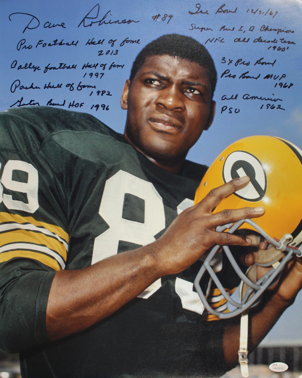Dave Robinson Autographed Green Bay Packers 16x20 Photo 10 Insc JSA