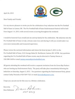 Dave Robinson Autographed Green Bay Packers Invite Letter Hall of Fame 57860