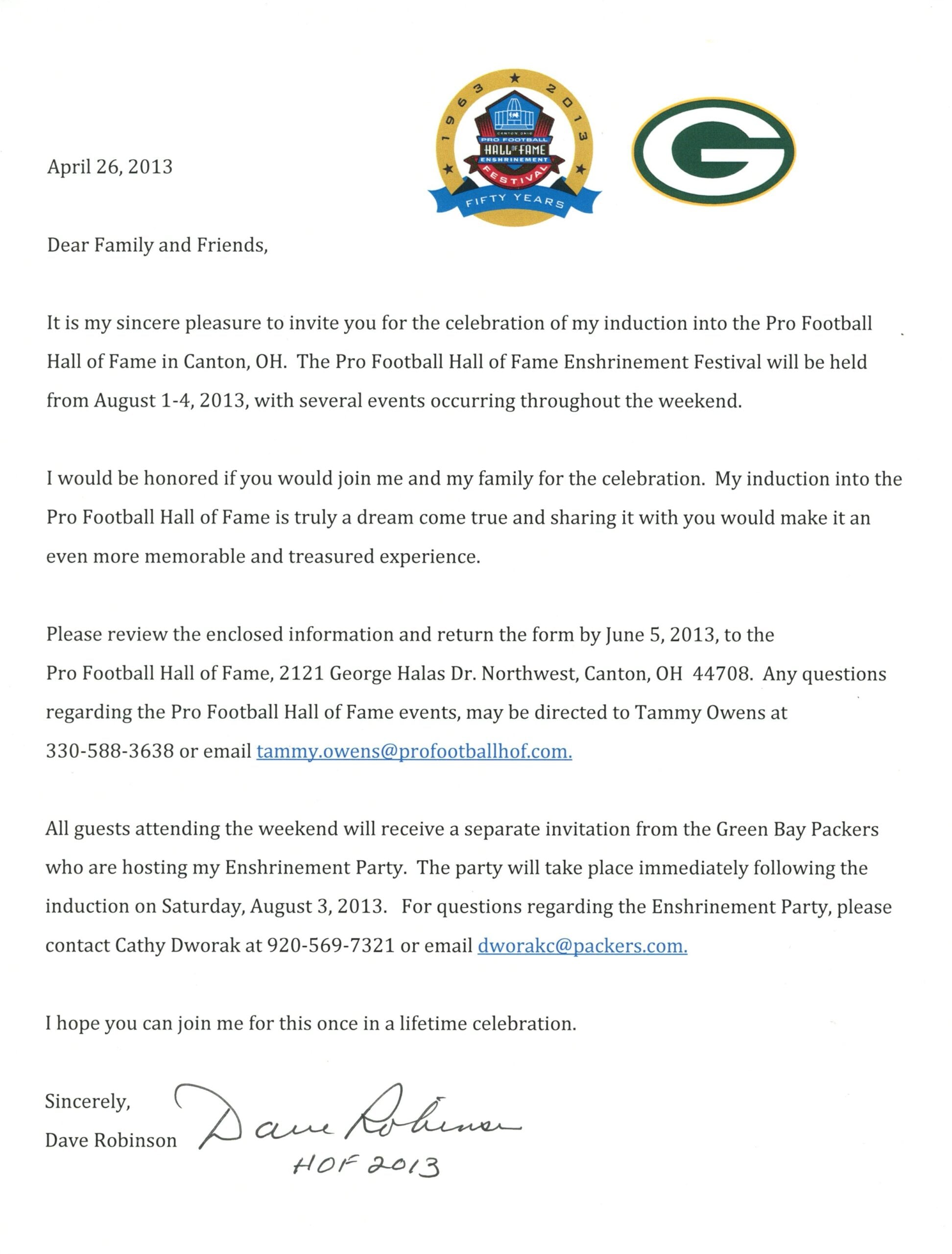 Dave Robinson Autographed Green Bay Packers Invite Letter Hall of Fame 57860