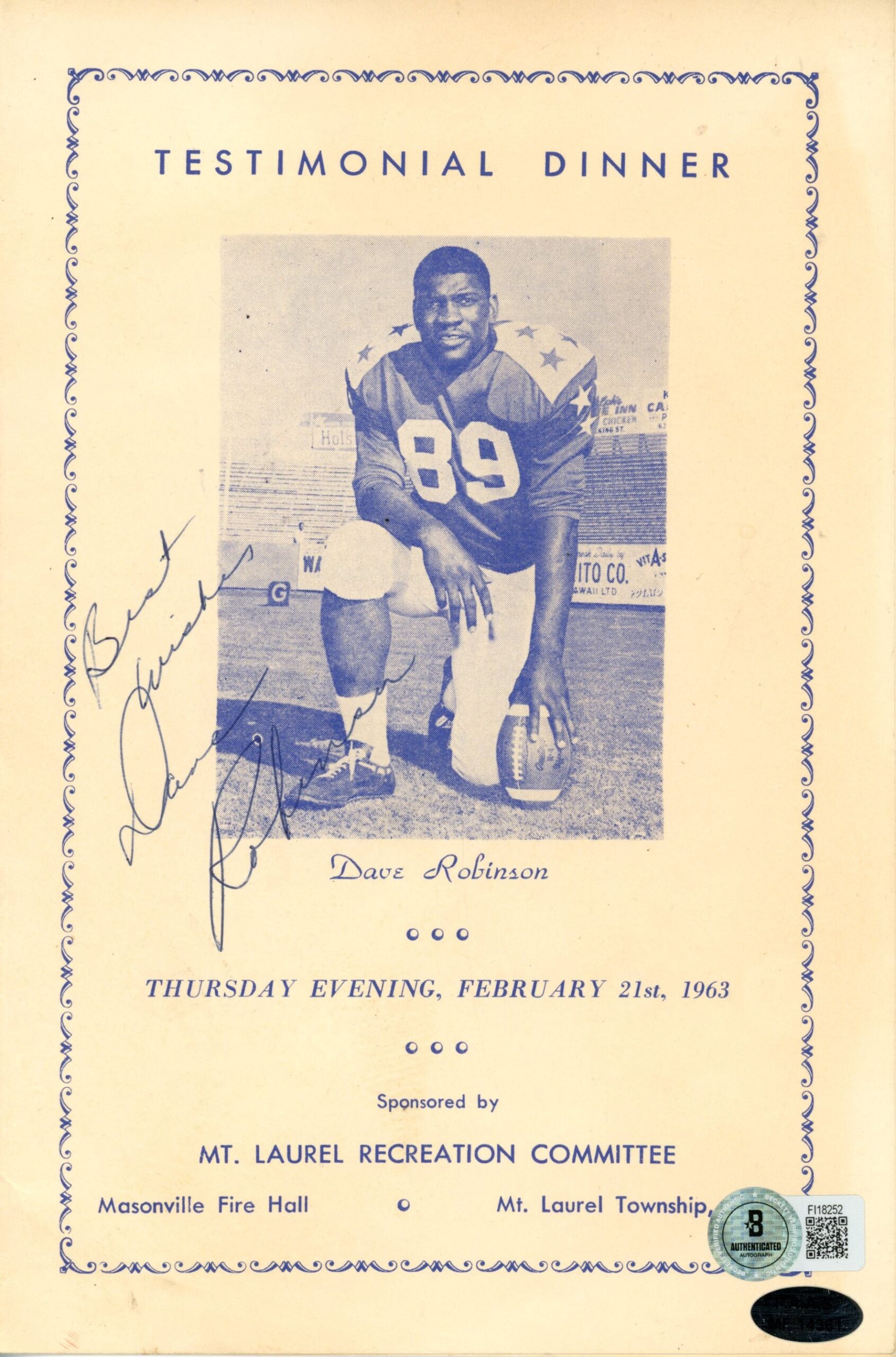 Dave Robinson Autographed Penn State Nittany Lions 1963 Program Beckett 57244