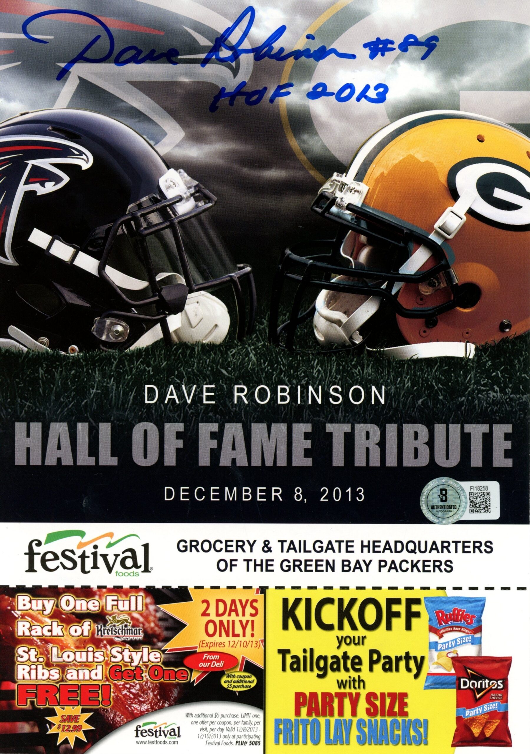 Dave Robinson Autographed Green Bay Packers 7x10 Tribute Ad Card Beckett 57227