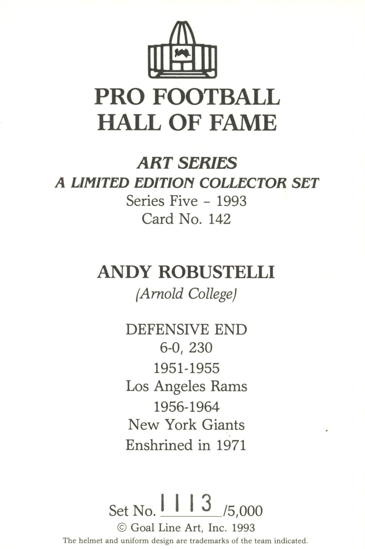 Andy Robustelli New York Giants Goal Line Art Card Series 5 #142 LE /5000 58147 2 Andy Robustelli New York Giants Goal Line Art Card Series 5 #142 LE /5000 58147