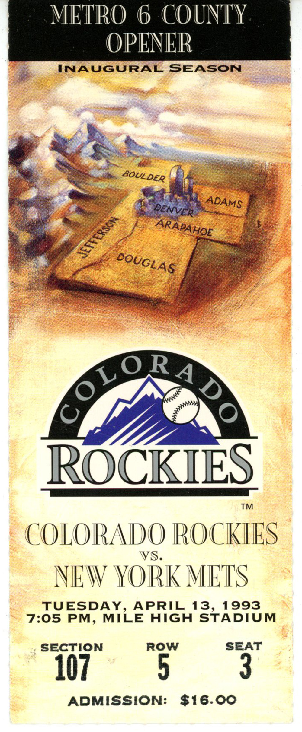 Colorado Rockies 1993 Inaugural Season Metro 6 County Opener Ticket Stub