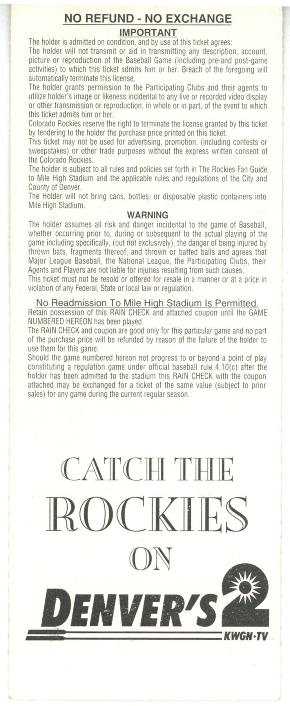 Colorado Rockies 1993 Inaugural Season Metro 6 County Opener Ticket Stub