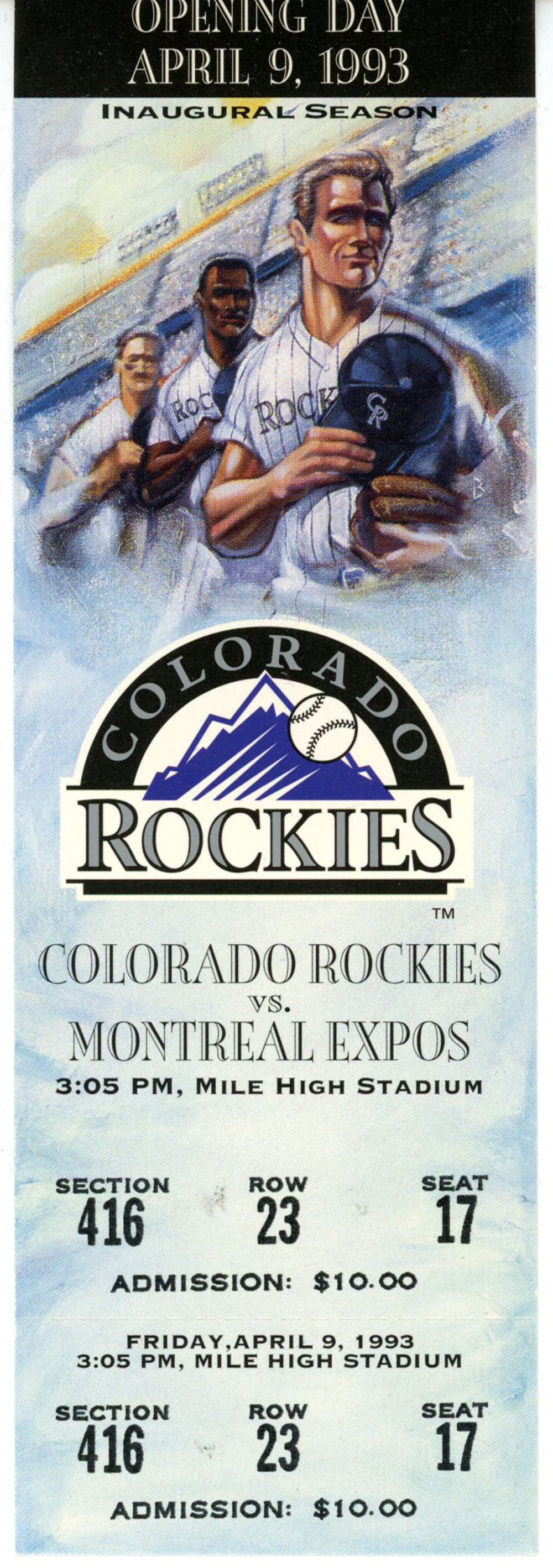 1993 Colorado Rockies Opening Day Ticket April 9th vs Montreal Expos