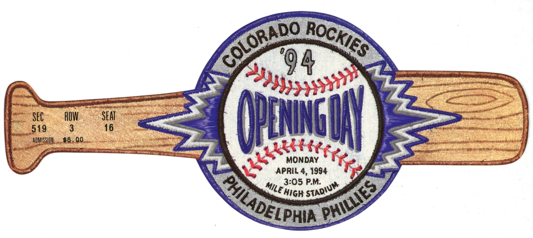 Colorado Rockies 1994 Opening Day Bat Ticket Stub vs Philadelphia Phillies
